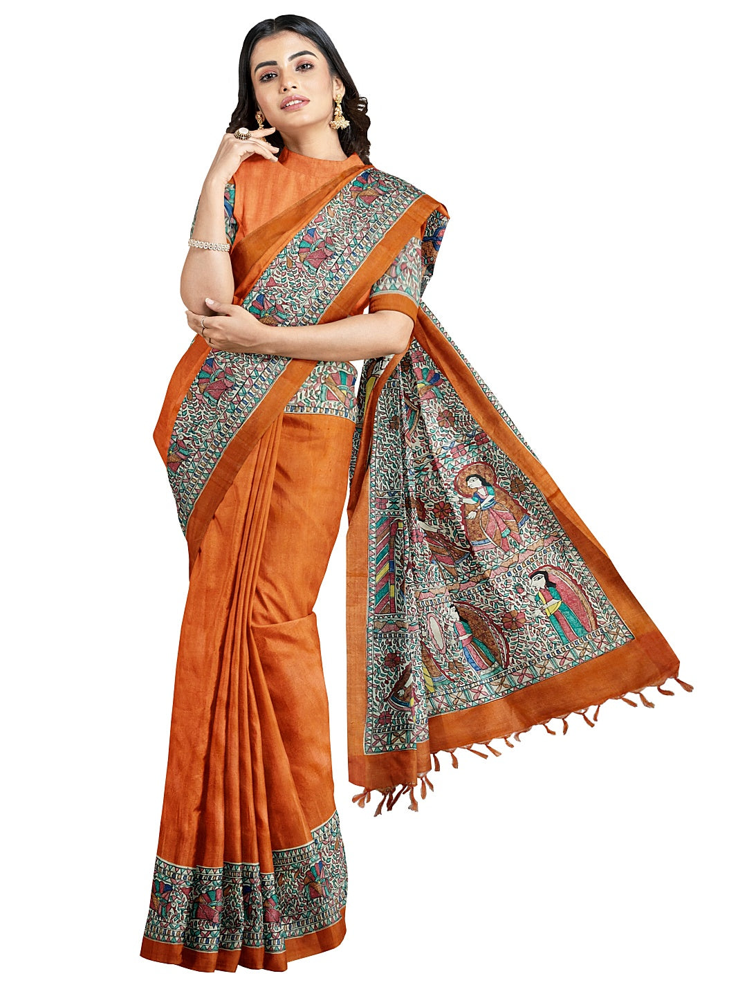 Handpainted Madhubani Saree on Tussar Munga Silk – Ramayan Theme